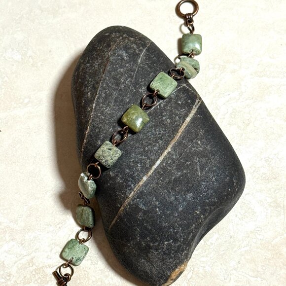 2/$20 Dark Green Serpentine Geometric Bracelet, Genuine Gemstone + Copper Links - Picture 6 of 11